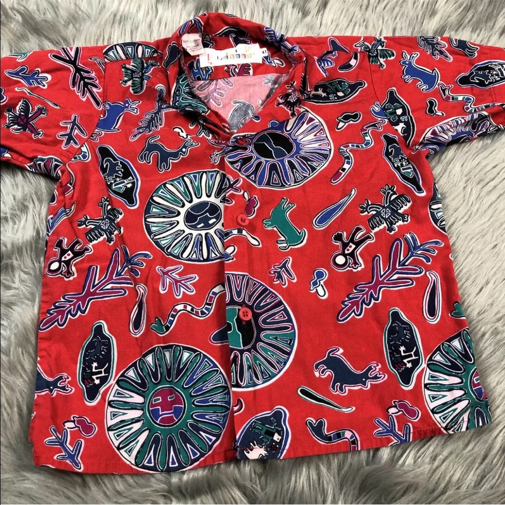 Vintage Toddler Boys Red Tribal Hawaiian Button Up Shirt